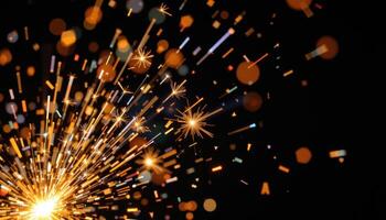 Sparks flying in black background, fiery light and motion photography photo
