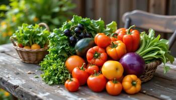 Fresh vegetable bundle on rustic table, outdoor healthy eating scene photo
