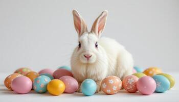 A white bunny surrounded by pastel colored Easter eggs, isolated on white background with space for text photo