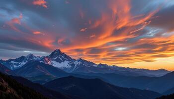Sunset over majestic mountain range, glowing peaks and dramatic sky photo