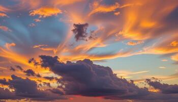 Dramatic sky at sunrise with vibrant cloud formations and golden hues photo
