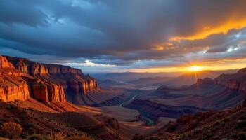 a wide canyon landscape at sunrise, with deep shadows and glowing red orange cliffs. photo