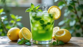 green drink with mint and lemon, iced clear cup, vibrant refreshment look photo