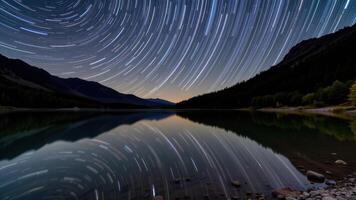a long exposure shot of star trails over a quiet lake. photo