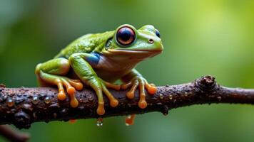 a close up of a green tree frog on a wet branch, water droplets visible. photo