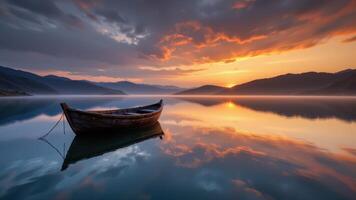 a rustic fishing boat on a glassy lake at dawn. photo