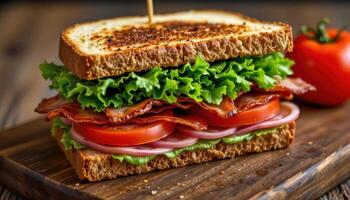 Classic BLT sandwich layered with crispy bacon, fresh lettuce, and tomato, set on a rustic wooden surface, warm food styling photo