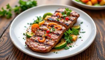 Vibrant gourmet plate featuring grilled meat, fresh vegetables, and parsley garnish, promoting healthy photo
