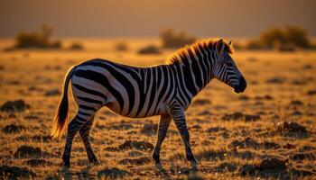 Zebra walking calmly in a wide sunlit field, golden backlighting creating silhouette during sunset hour, nature wildlife photo. photo