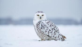 Snowy owl sitting calmly on white winter landscape, sharp feathers and cold background, wildlife photography photo