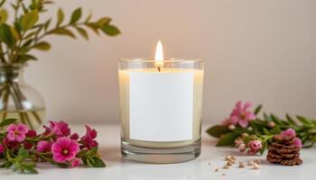 Minimalist burning candle mockup in a glass container with a blank white label, ideal for branding, aromatherapy photo