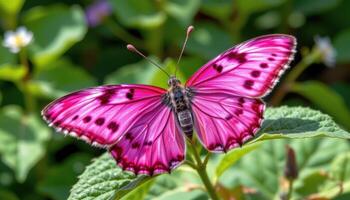 Pink butterfly with black spot markings resting on leaf, macro detail capturing wing pattern and gentle garden setting, photo. photo