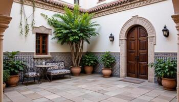 traditional moroccan courtyard with tiled walls photo