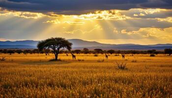 a golden savannah under a dramatic sky with acacia trees and a silhouette of giraffes walking. photo