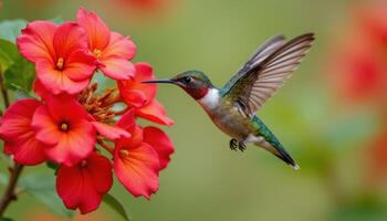 hummingbird mid flight, near bright blossoms, nature in motion, vibrant color photo