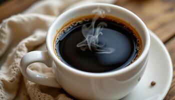 Close up of a steaming hot cup of coffee, rich aroma filling the cozy space, perfect for morning energy or a relaxing break. photo