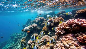 Underwater coral reef scene with tropical fish, vibrant ocean blues and motion filled marine life panorama, snorkeling view photo