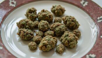 dry cannabis buds in a plate, recreational drug photo. photo