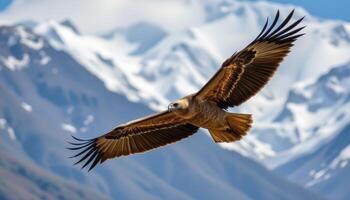 Himalayan griffon vulture soaring against a backdrop of snow capped mountains, showcasing the majesty and raw beauty of the wild. photo