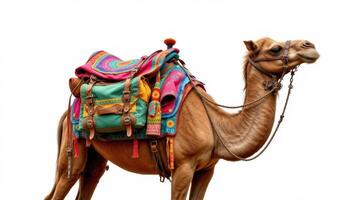 Camel equipped with a colorful saddle and luggage, isolated on white background, showcasing travel tradition and desert adventure. photo
