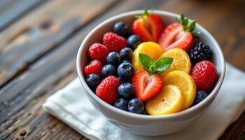 Healthy fruit bowl filled with mixed berries and slices, set on wood table with napkin, perfect for nutrition and freshness focus photo