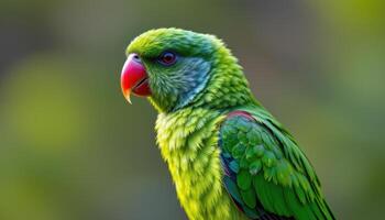 Colorful lorikeet bird captured in profile view, vivid green and blue feathers sharply detailed against soft natural background photo