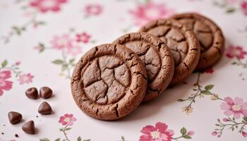 handmade chocolate homemade cookies, floral summer background. photo. photo