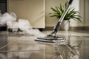 Close up of steam mop cleaning tile floor with steam visible and plant in the background indoors photo