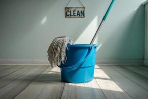 A blue bucket with a mop inside stands on a wooden floor with a clean sign hanging above it photo