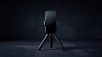 A minimalistic shot of a smartphone mounted on a small tripod against a dark background setting photo