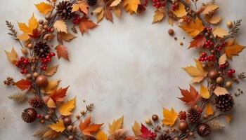 Autumn Leaves and Berries Wreath Frame with Warm Color Palette photo