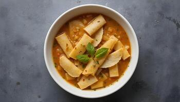 Serving of Pasta Soup with Basil in White Bowl Overhead View photo