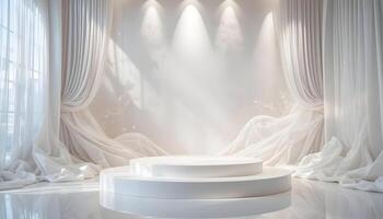 White Product Display Podium with Soft Curtains and Light Beams photo