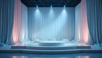 Empty Stage Setup with Round Platforms and Curtain Backdrop photo