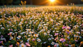 field of blooming sweet alyssum flowers bathed in sunset glow, warm golden light, serene peaceful natural meadow scene, photo. photo