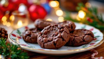 A close up of chocolate cookies on a festive plate, set against blurred twinkling lights, warm seasonal party dessert photography photo