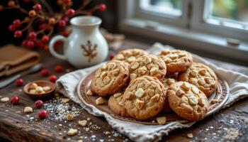 Homemade cookies on rustic table, warm tones and cozy sweet atmosphere photo