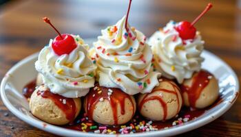 a classic banana split with three scoops of ice cream, whipped cream, sprinkles, and maraschino cherries. photo