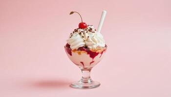 Homemade ice cream sundae with whipped cream and toppings, indulgent sweet summer dessert on clean background photo