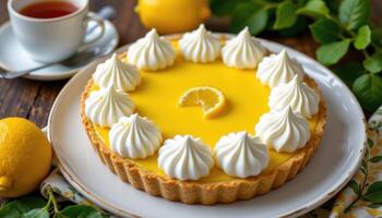 a lemon tart with perfectly browned meringue swirls, placed next to a fresh lemon and a tea cup. photo