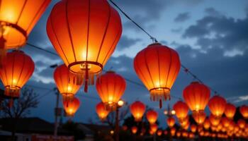 Chinese lanterns glowing softly against a twilight sky, suspended in mid air with warm tones and floating ambiance photo
