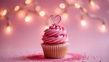 Elegant pink cupcake with glitter detail, bokeh lights in background, perfect for feminine announcements or festive designs, photo