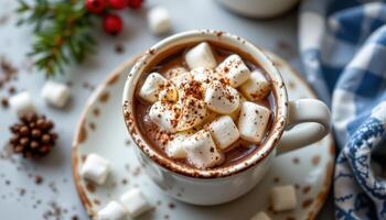 Hot chocolate in ceramic cup topped with whipped cream, marshmallows and cocoa powder, cozy winter drink photography. photo