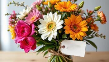 Handcrafted spring bouquet tied with a personalized tag, ready for gifting and expressing appreciation through the art of flowers. photo