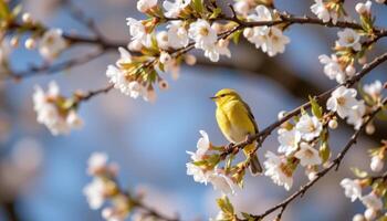 A bright yellow bird perched delicately on blooming Sakura tree, captured in soft spring sunlight with nature's gentle background photo