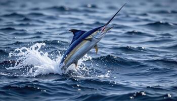 Portrait of blue marlin leaping over deep sea water, caught mid air with splash and open ocean backdrop photo