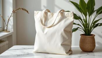 Blank canvas tote bag mockup resting elegantly on a table next to a decorative plant photo