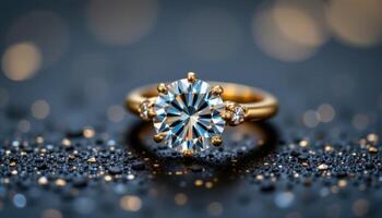 Golden engagement ring with diamond on black background, luxury sparkle shot photo
