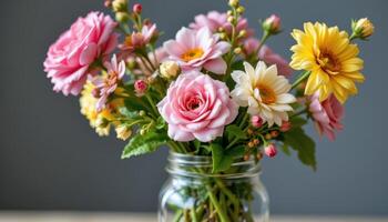 Flowers delicately arranged in a glass jar, representing rustic charm, floral freshness photo