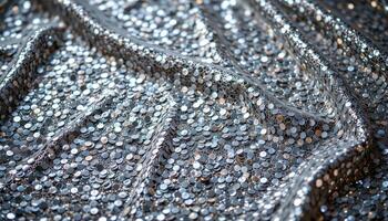 Sparkling fabric surface covered in silver sequins, light reflecting to create a luxurious textured backdrop, created with photo. photo